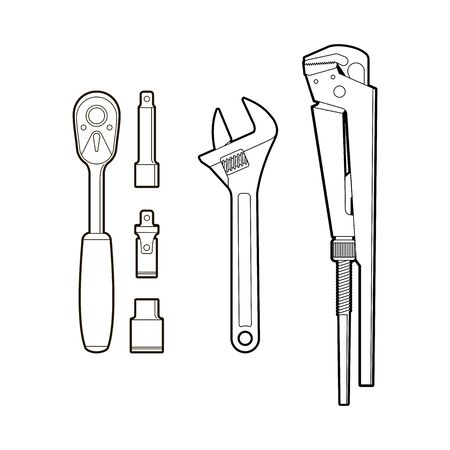 gas keys - a set of hand tools. wrench tool - flat illustration coloring book. repair kit - isolateのイラスト素材
