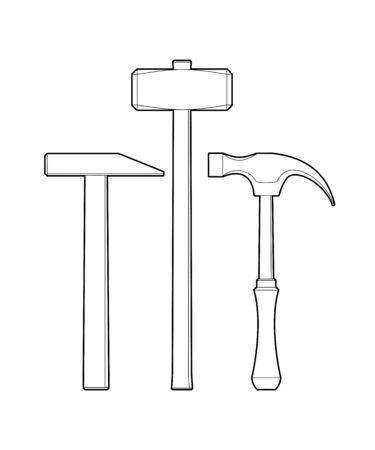 set of hammers. Hand locksmith tool - flat illustration isolated on white background. sledgehammer and hammer - coloring book for childrenのイラスト素材