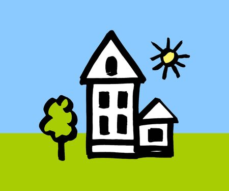 house - color children's illustration. house - a picture was drawn by a child. house, tree, sun - simple drawing in a flat styleのイラスト素材