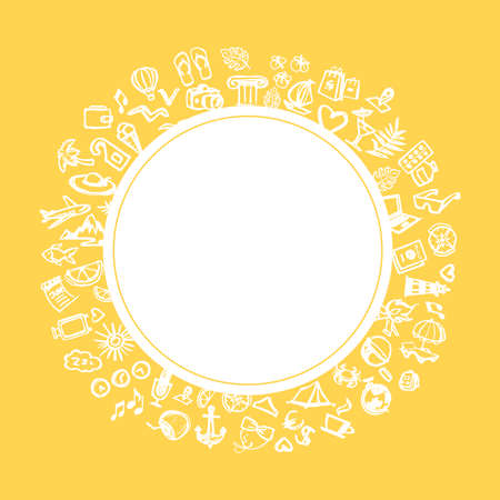 Tourism, travel - place for text. travel - round illustration of stylized doodle icons. vacation, rest. tourist agency. travel around the worldのイラスト素材