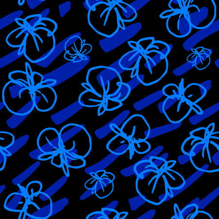 stylized plumeria flowers - seamless pattern in dark color with strokes. tropical flowers in doodle...