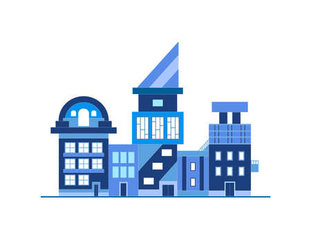 houses on a white background - color illustration. cartoonish architecture. Stylized houses in blue tones. city landscape, street. windows roofsのイラスト素材