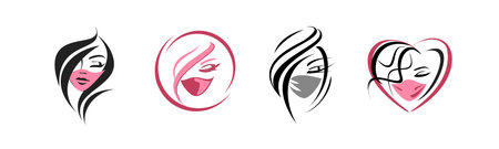 faces of beautiful girls in a protective mask - a set of icons. medical face mask - flat illustration. beauty industry - quarantine. coronavirus - protection and prevention from the virusのイラスト素材