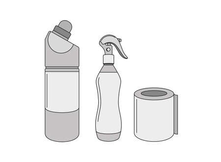 plastic bottles cleaners, paper roll. disinfection, cleaning, cleanliness. household goods - templateのイラスト素材