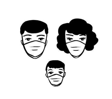 Family wearing a protective face mask, coronavirus covid-19 preventionのイラスト素材