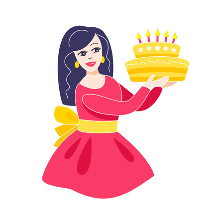 girl holding cake - vector illustration on white background. birthday celebrationのイラスト素材