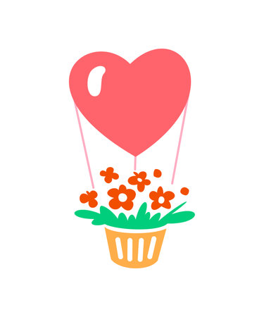 Romantic card with balloon and flowers. Vector sketch illustration for wedding day, valentine day. Beautiful design.のイラスト素材