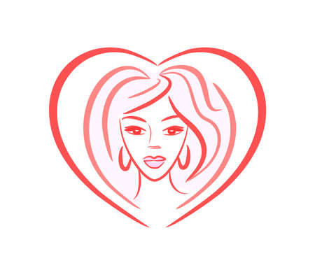 girl face logo in the shape of a heart. portrait of a woman for a beauty salon. hairstyle, makeup, cosmetologyのイラスト素材