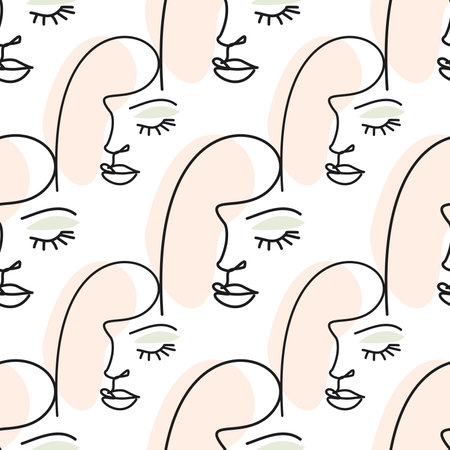 girl logo one line on white background seamless pattern colored makeupのイラスト素材