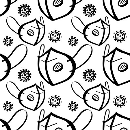 medical mask virus protection seamless pattern black and white vectorのイラスト素材