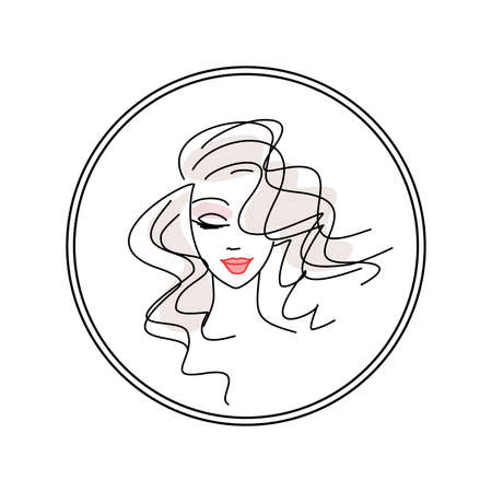 young girl vector logo in a circle for a beauty salon. beautiful hairstyle and makeup. cosmetologyのイラスト素材