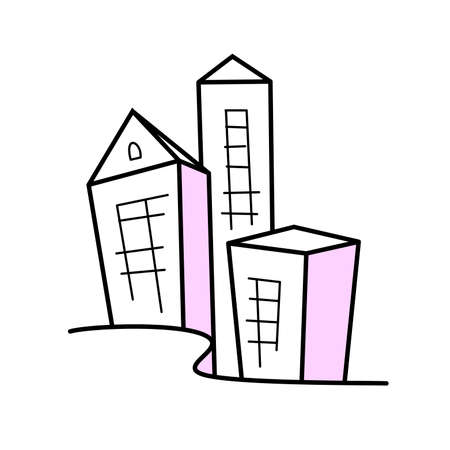 world architecture day. stylized city houses. cityscape doodle on white backgroundのイラスト素材