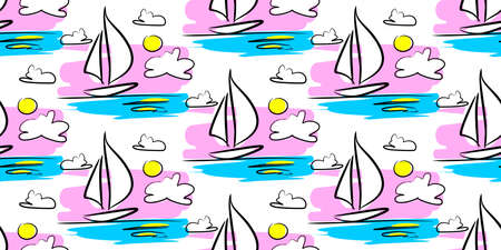 sailboat ship sunset seamless colored background vectorのイラスト素材