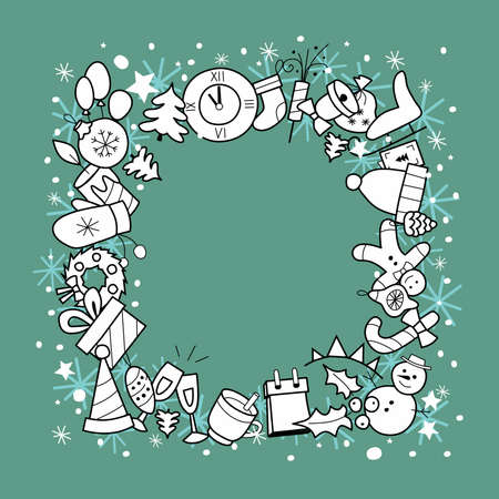 christmas banner square with place for text - vector color illustration in flat style. christmas icons set for holiday card. New Yearのイラスト素材