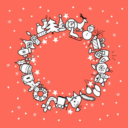 christmas round banner with place for text - vector illustration in flat style. christmas set of icons for a holiday card. New Yearのイラスト素材