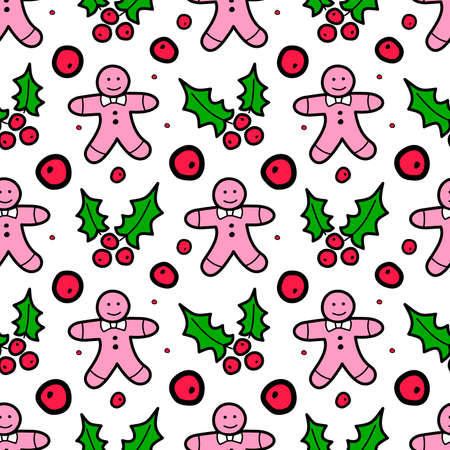 Christmas holly ilex and cookies seamless color vector background in flat style. new year and winter holidayのイラスト素材