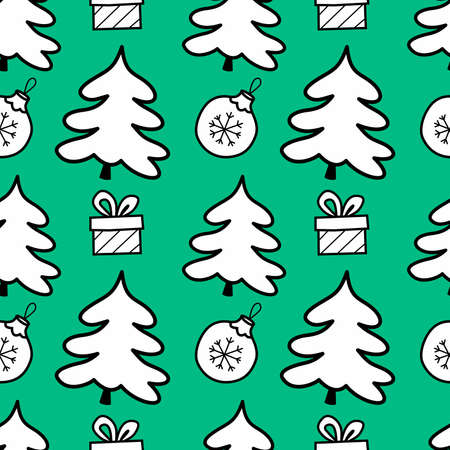 tree and gifts - Christmas seamless green background. winter vector illustration in flat style. New Year holidayのイラスト素材