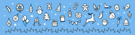christmas set of vector icons for banner or greeting card design. new year - color illustration in flat style. coloring book for winter holidayのイラスト素材
