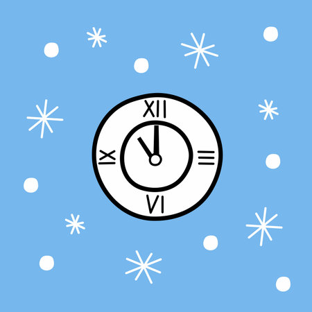 Christmas clock on a blue square background. vector color illustration. new year, holiday, winter. timeのイラスト素材