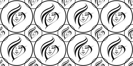 the face of a young girl icon. woman's face in a circle. beauty salon - seamless vector background. cosmetology, hairstyleのイラスト素材