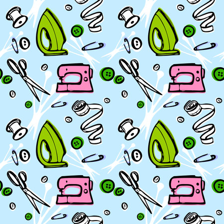 sewing kit set for fashion designer. tailoring atelier - vector seamless pattern. iron, sewing machine, scissors.のイラスト素材