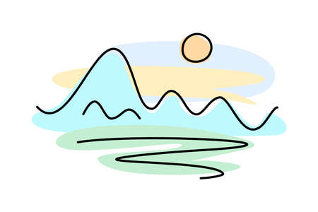 mountains sunset - vector illustration on white background. mountain landscape - thin line color logoのイラスト素材