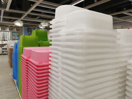 plastic boxes for storing things. home goods storeの写真素材