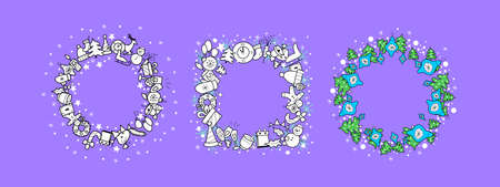 christmas frames on a purple background with place for text. set of icons for the new yearのイラスト素材
