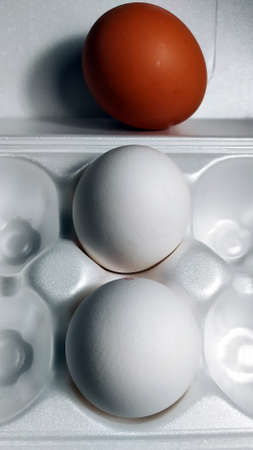 Chicken eggs in the tray. White and yellow eggs in factory packaging. Vertical background.の写真素材