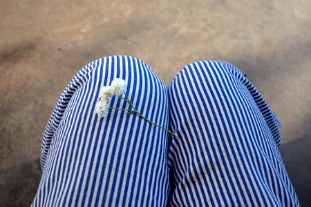Flowers on the lap of a teenager. Small white flowers lie on the striped pajamas. The teenager put a bouquet of flowers on his feet.の写真素材
