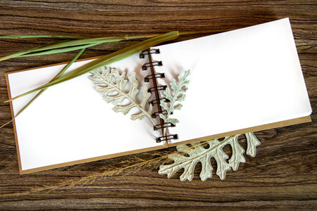 Notepad and dry autumn leaves. Readable white sheet for text. Card.の写真素材