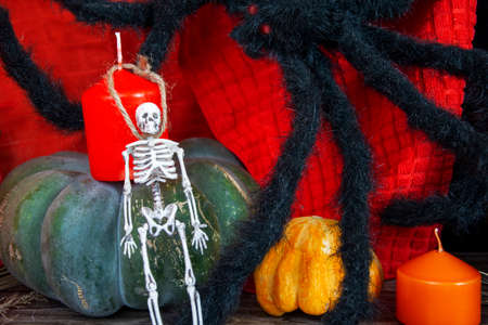 Red candle, spider, pumpkin and skeleton. Halloween Attributes.の写真素材