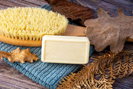 A bar of soap, a body massage brush and a sponge. Natural beauty treatments, non-returnable care or zero waste concept. Top view, copy space.の写真素材