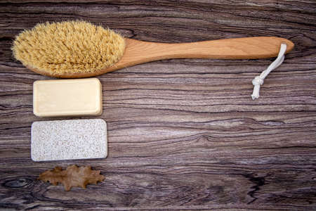 Bath accessories. Soap, pumice and body brush. The concept of daily body care, bath products. Spa treatments.の写真素材