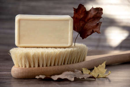 Body soap and brush. Bath accessories, top view. Daily body care concept, organic bath products.の写真素材