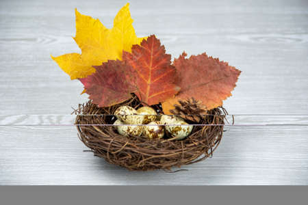 Easter basket with Easter eggs on a wooden background. spring composition. Postcard Happy Easter.の写真素材
