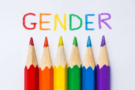 Text Gender. Rainbow colored pencil on white background. Symbol LGBT. Pride Month. Lesbian Gay Bisexual Transgender. Love, human rights, tolerance.の写真素材