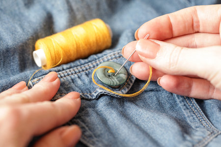 Woman Sewing on button. Thread needle Sewing Button Jeans. Close-up. Authentic Lifestyle. Hand made