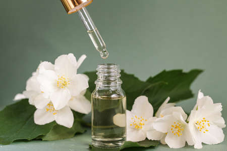 Cosmetic glass bottle for essential oils with jasmine flowers on green background. Spa Natural Serums. Dropper Bottle Mock-Up. Copy spaceの写真素材