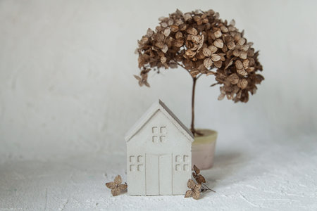 Concrete Decor. White Gypsum House, Dried hydrangea flowers natural hortensia. Stylish and Modern ECO-Friendly Home Decorの写真素材