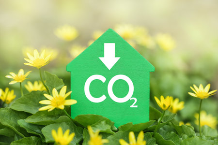 Decarbonization of Real Estate. Lower CO2 emissions and reduce carbon. Green house on flower backgroundの写真素材