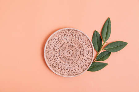 Cosmetic Mandala background for product presentation, green leaf. Pastel coral colorの写真素材