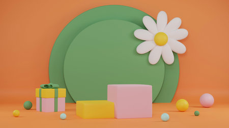 3d rendering kids podium, chamomile, abstract minimal orange background. Scene for advertising...