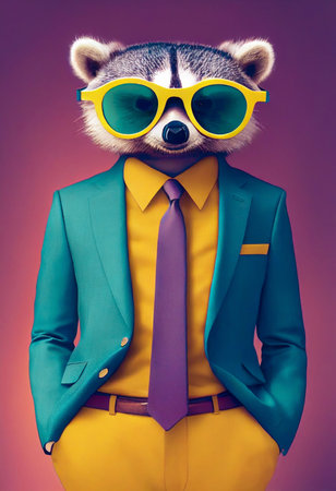 vintage cartoon character. Hipster Raccoon in blue business suit. tie. big yellow glasses. Generated image AIの写真素材