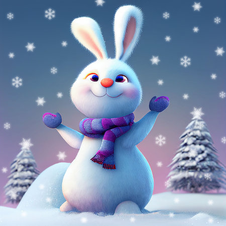 Cute fluffy cartoon white Bunny winter forest Christmas. rendered Computer Generated image AIの写真素材