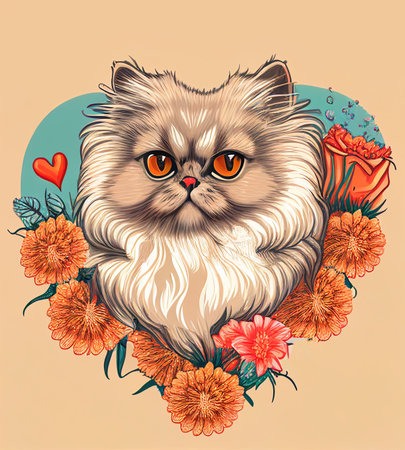 Greeting card Persian Cat with flowersの写真素材