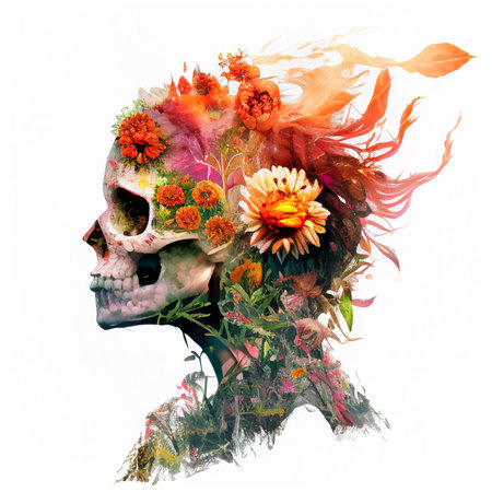 Double exposure beautiful Female Skull combined with flowers. isolatedの写真素材