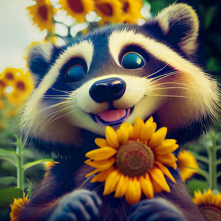 Cute cartoon Raccoon, sunflower. character rendered by AI computerの写真素材