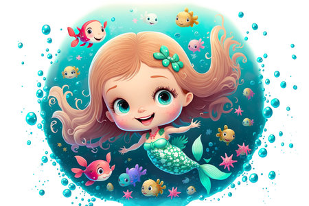 Beautiful cartoon Mermaid. Poster for kids. AI illustrationの写真素材
