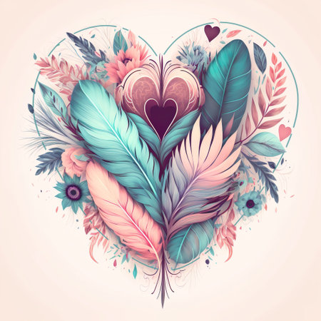 Flower heart, boho, bogemian style.line art. Wedding watercolor flowers, feathersの写真素材